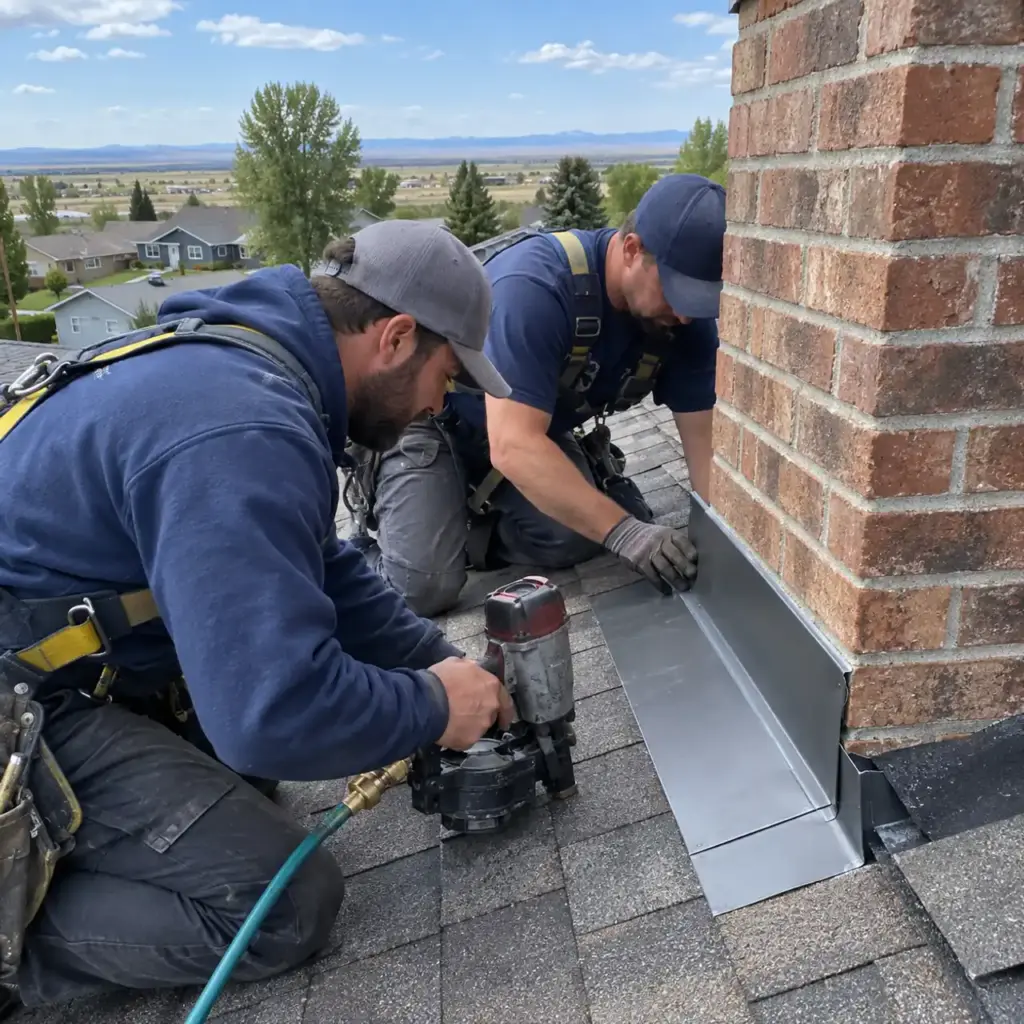 Roofers installing chimney flashing in Idaho Falls