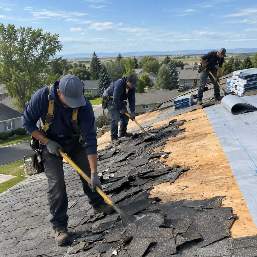 Roofing crew tearing off old shingles on an Idaho Falls home