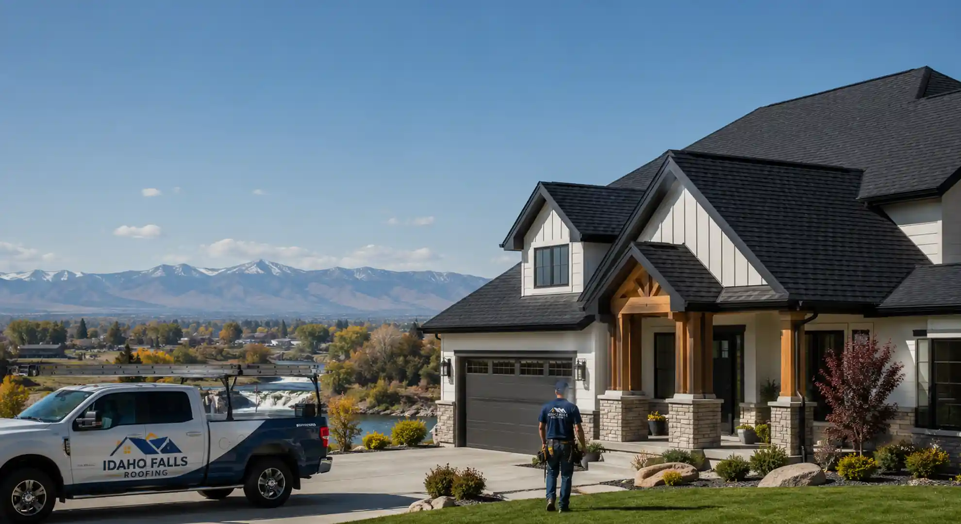 Roofing crew installing new shingles on a Blackfoot, Idaho home