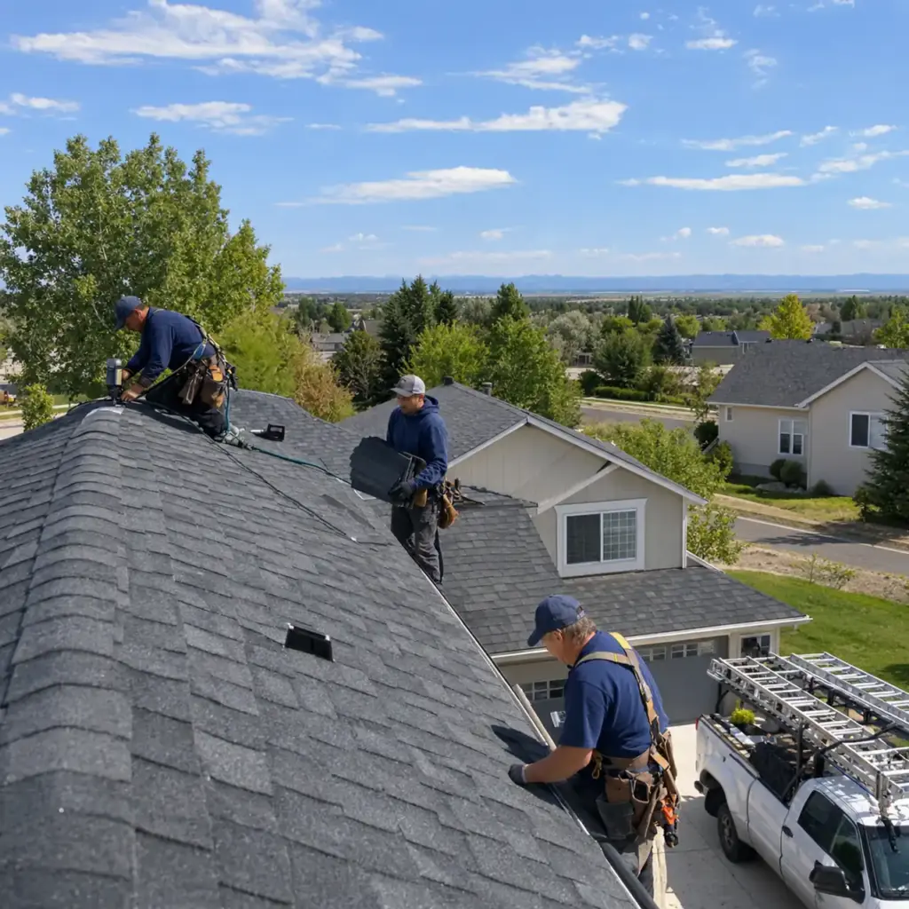 Roofing crew finishing a new shingle roof in Idaho Falls
