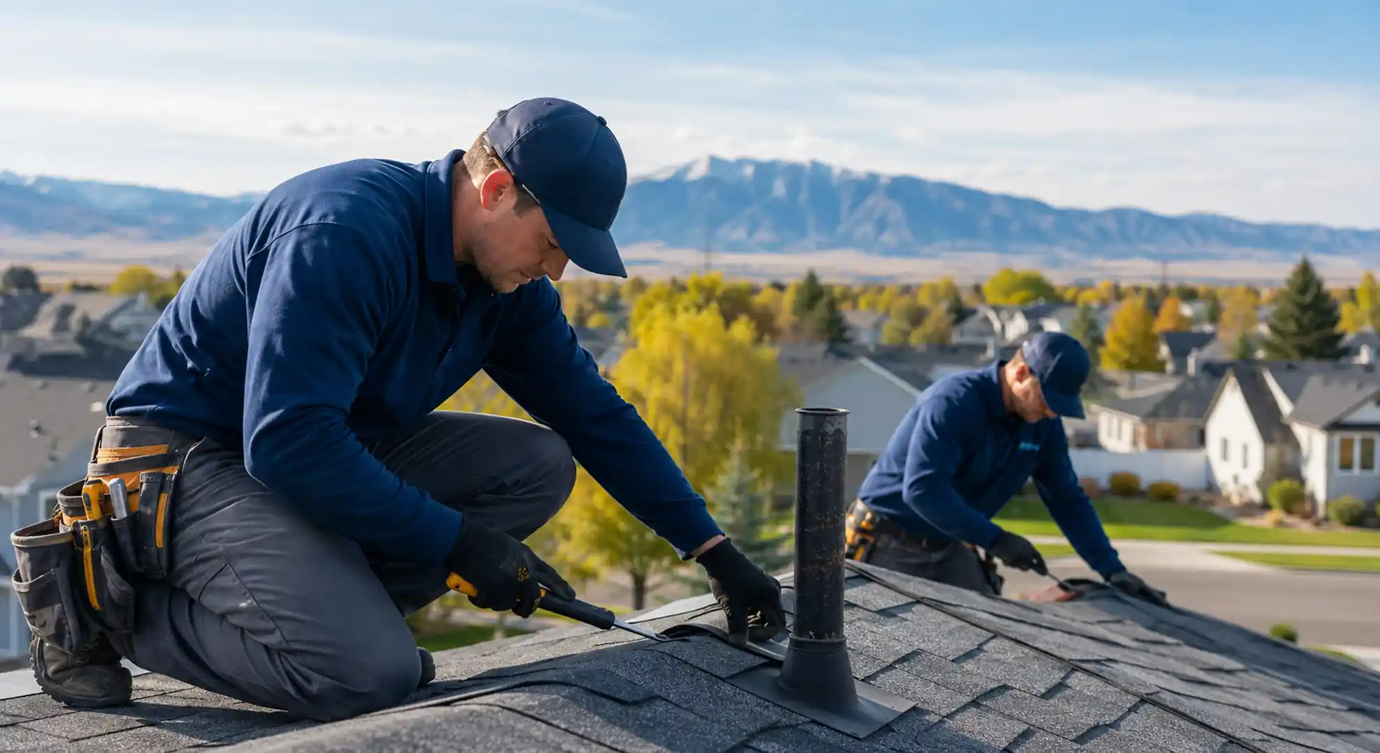 Roofer repairing storm-damaged shingles on a Ammon, Idaho house