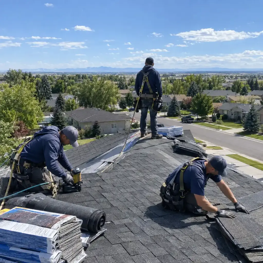 Roofing crew installing new shingles in Idaho Falls