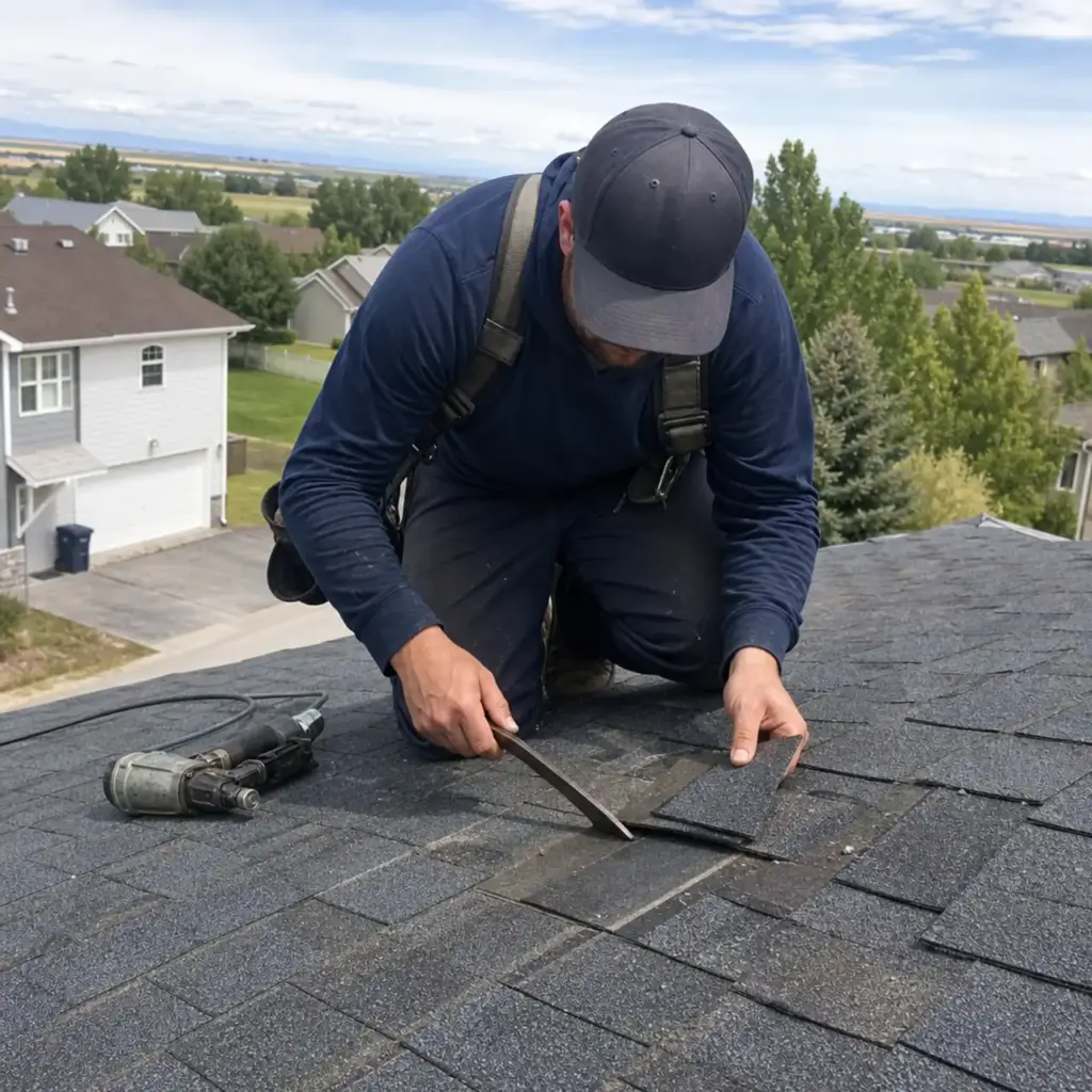 Roofer replacing wind-damaged shingles in Idaho Falls