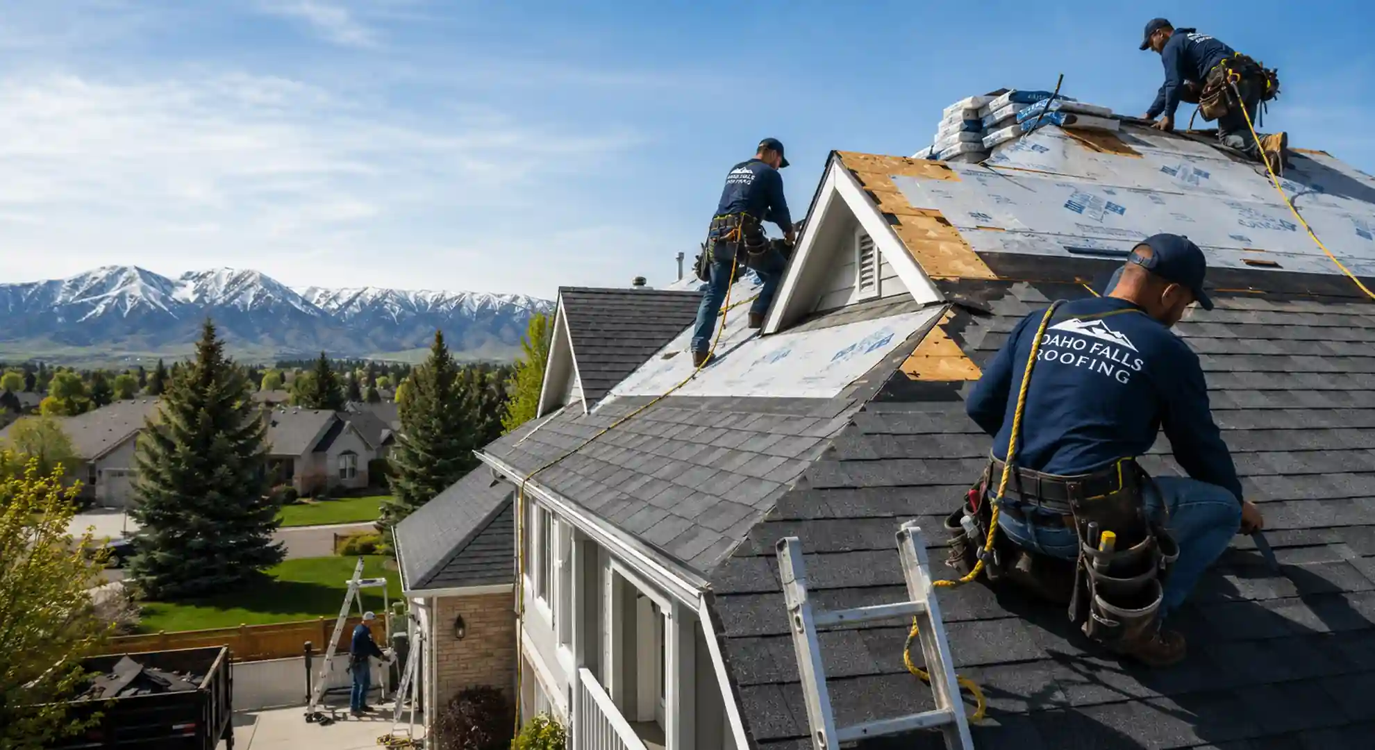 Roofing crew replacing an asphalt shingle roof on a Rexburg, Idaho home