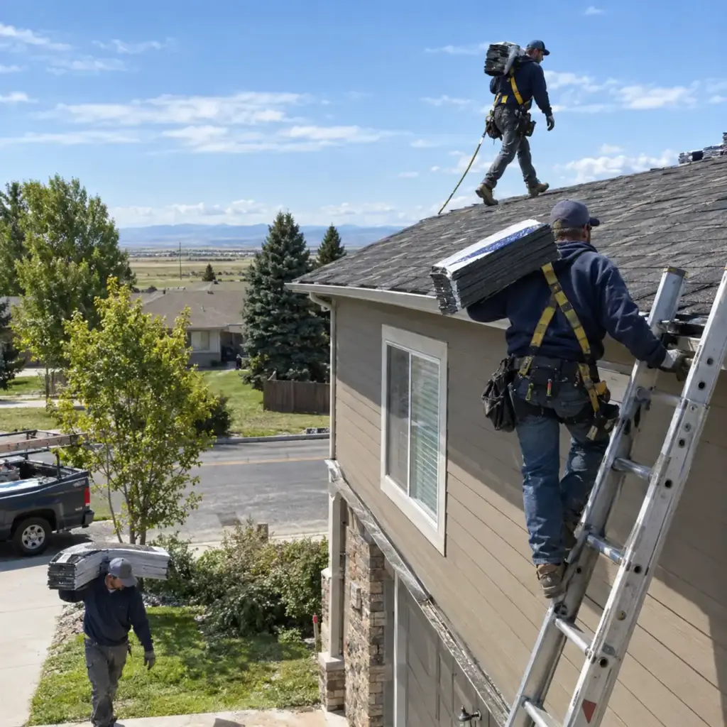 Roofers carrying shingle bundles onto an Idaho Falls home